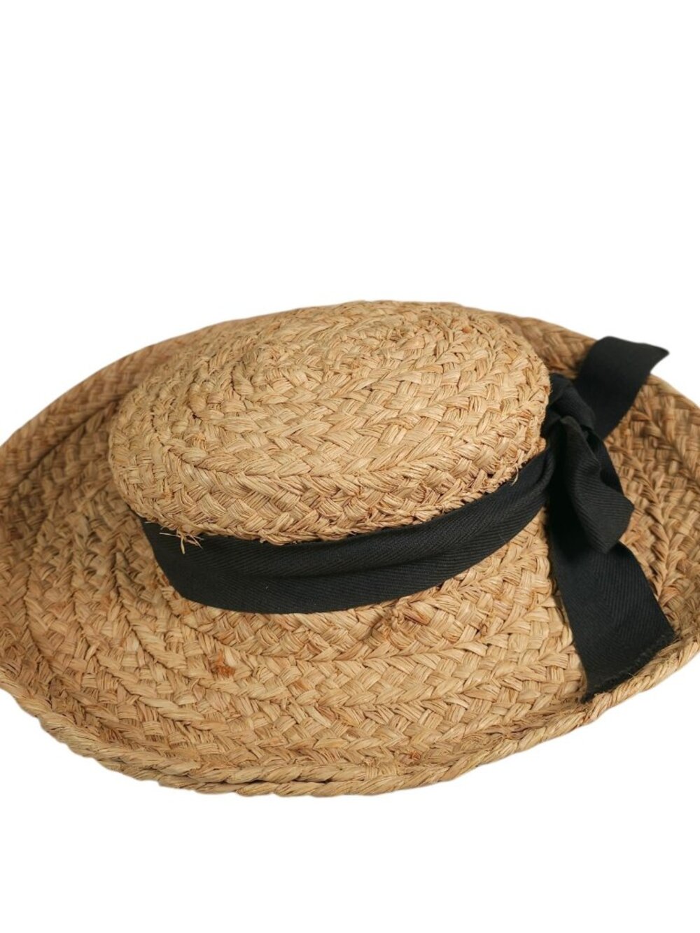 HELEN KAMINSKI Raffia Straw Hat Black Ribbon Bow Great Condition!